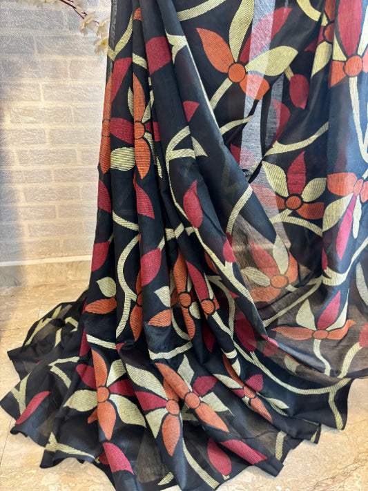 Not A Blank Canvas - Black Handloom Print Sarees | SHOBITAM