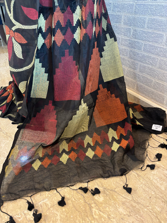 Not A Blank Canvas - Black Handloom Print Sarees | SHOBITAM