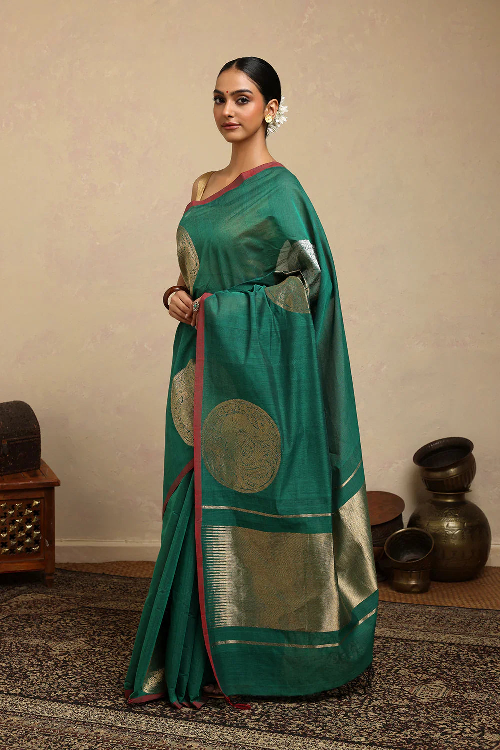 Handloom Forest Green Duo Tone Coin Motifs Kanchi Cotton Saree | SHOBITAM