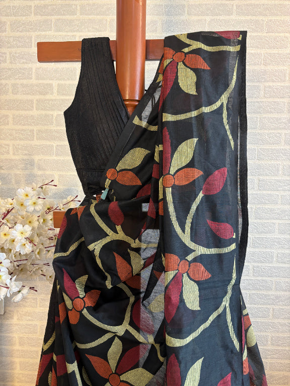 Not A Blank Canvas - Black Handloom Print Sarees | SHOBITAM