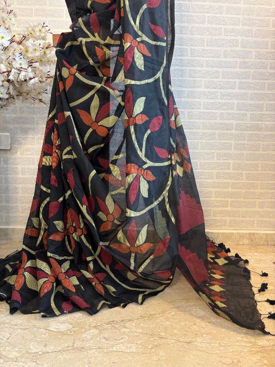 Not A Blank Canvas - Black Handloom Print Sarees | SHOBITAM