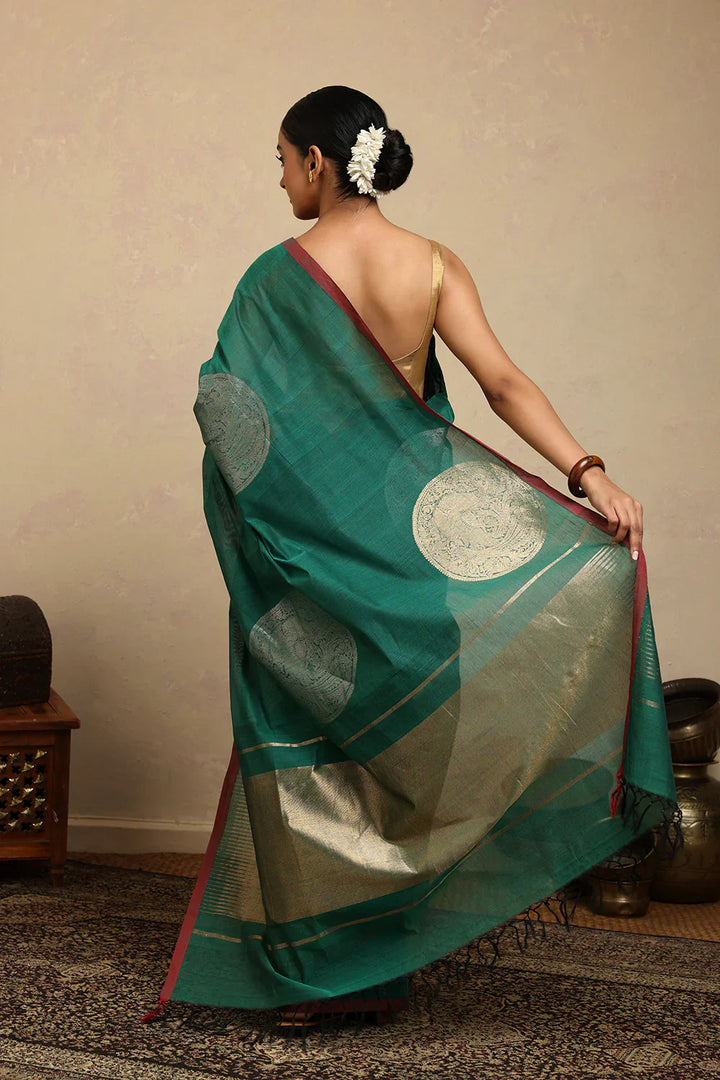 Handloom Forest Green Duo Tone Coin Motifs Kanchi Cotton Saree | SHOBITAM