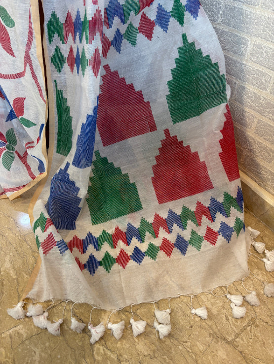 Not A Blank Canvas - White Handloom Print Cotton Saree | SHOBITAM