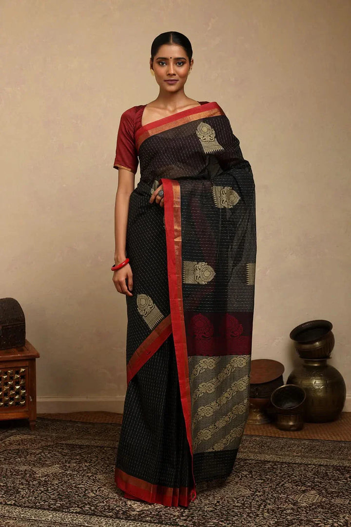 Handloom Black Kanchi Cotton Saree | SHOBITAM
