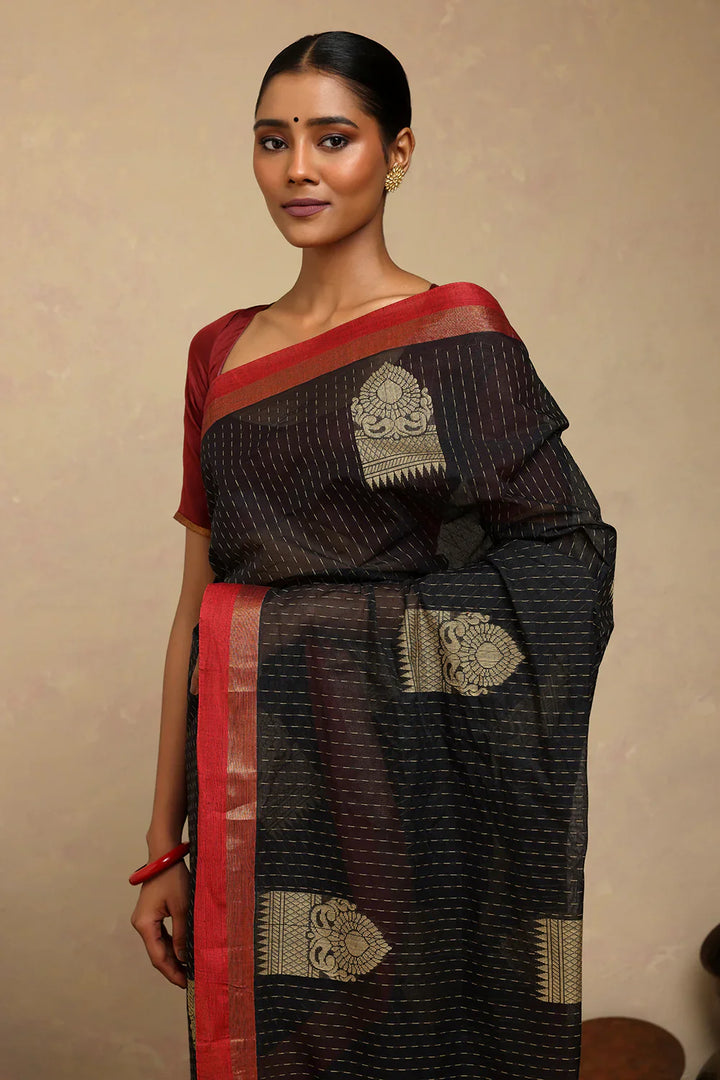 Handloom Black Kanchi Cotton Saree | Shobitam