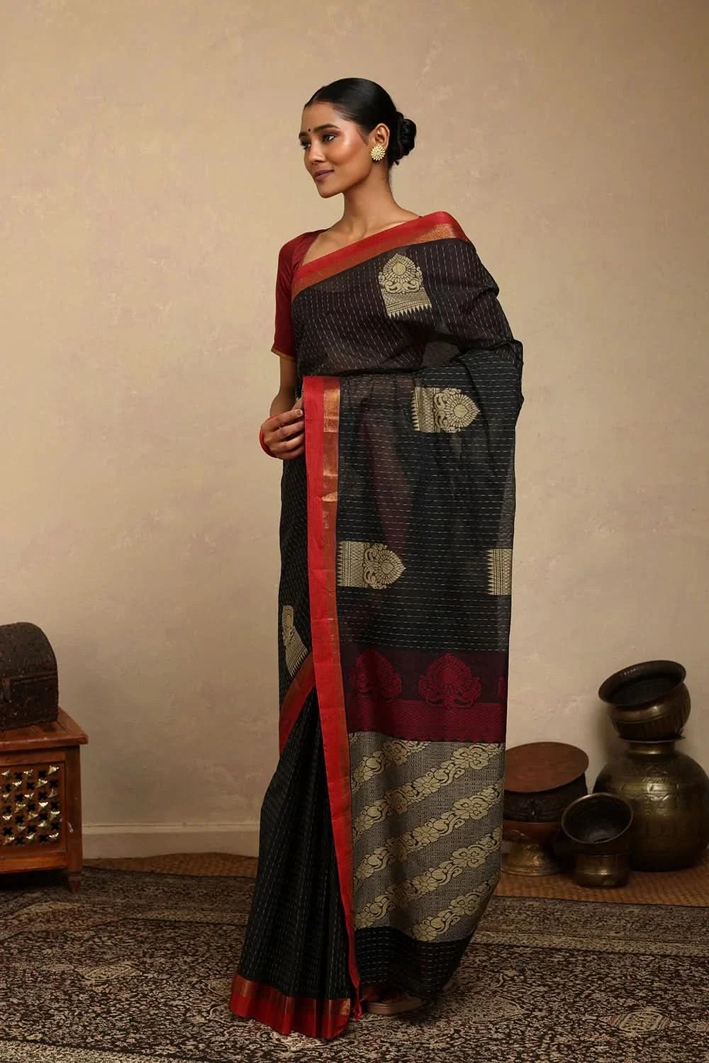 Handloom Black Kanchi Cotton Saree | SHOBITAM