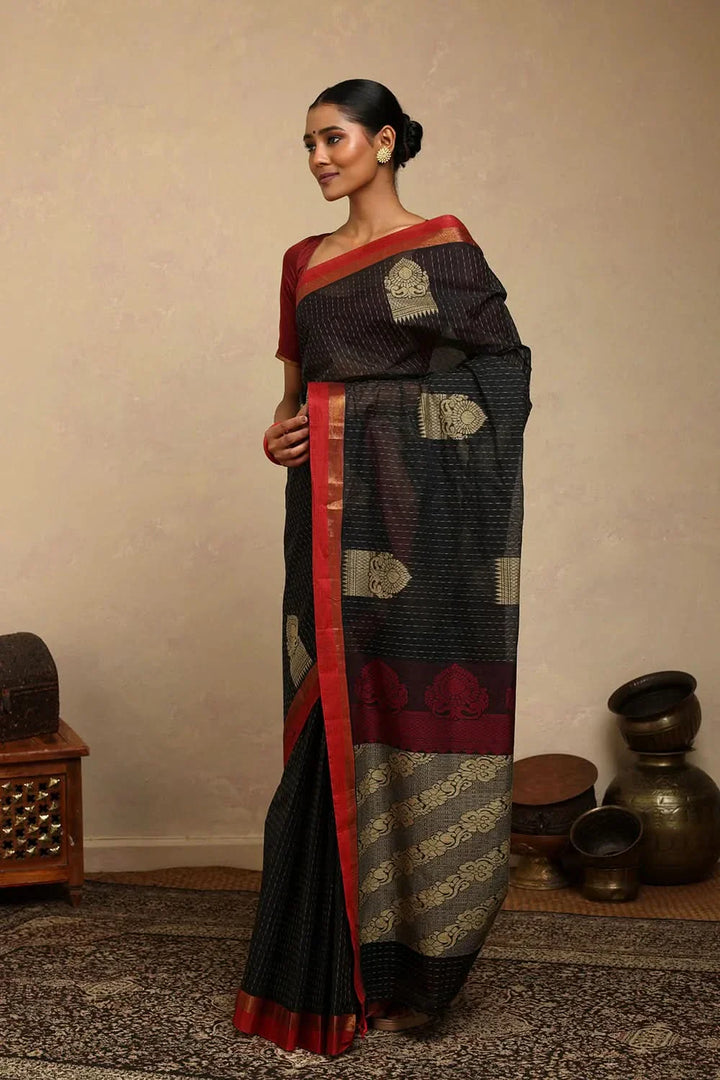 Handloom Black Kanchi Cotton Saree | SHOBITAM
