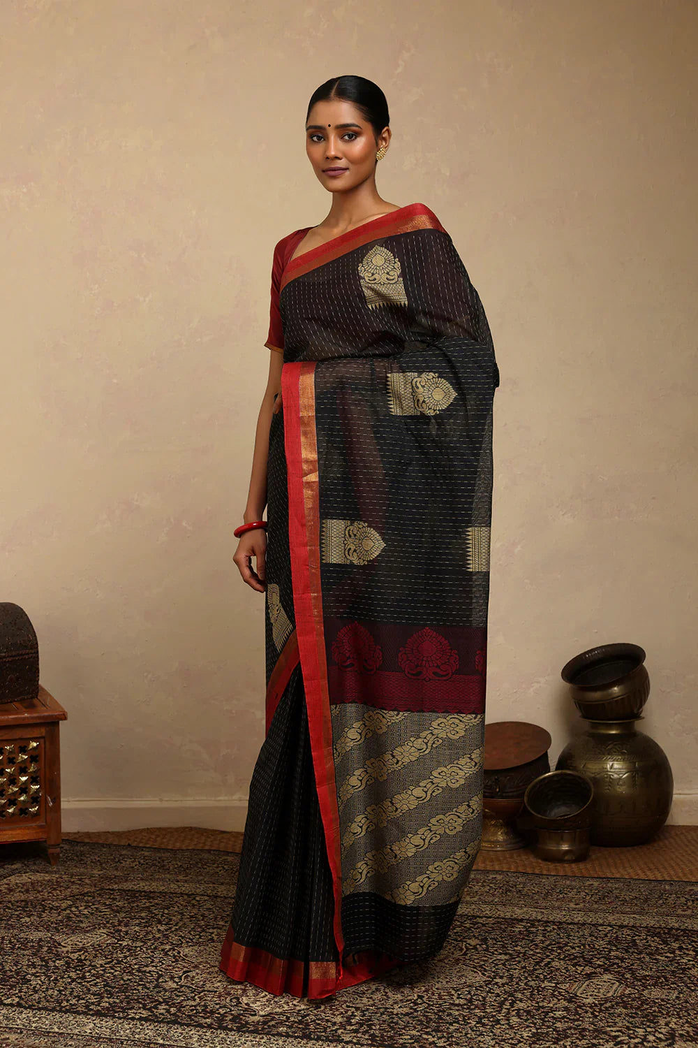Handloom Black Kanchi Cotton Saree | Shobitam