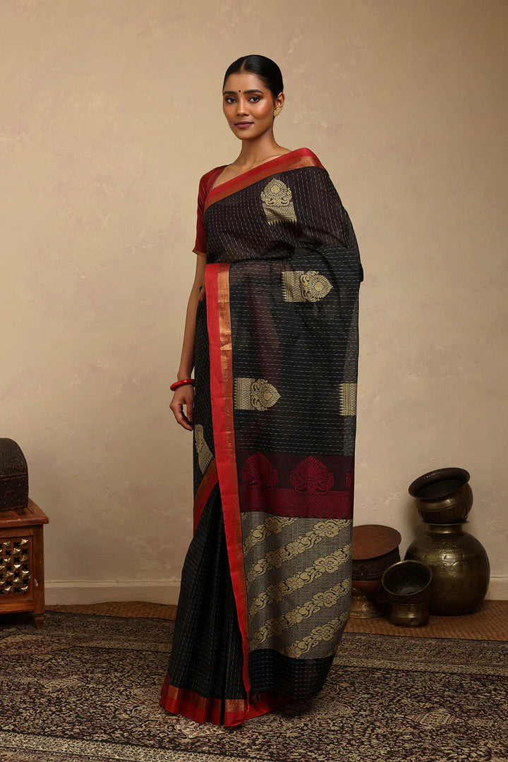 Handloom Black Kanchi Cotton Saree | Shobitam