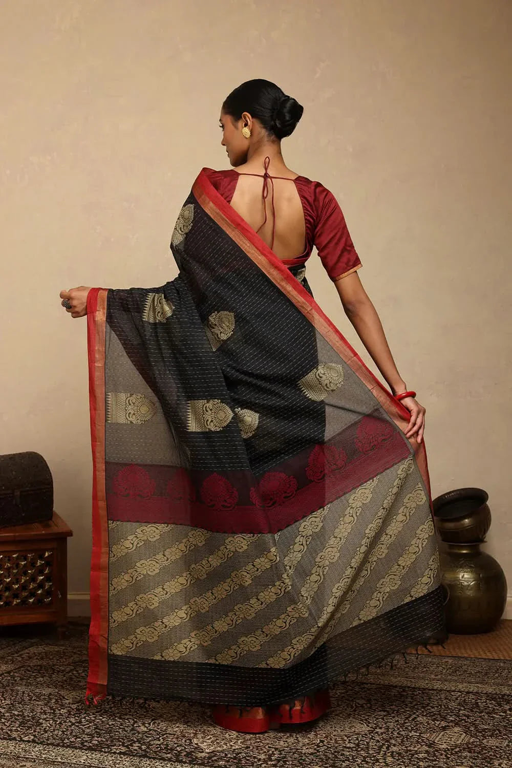 Handloom Black Kanchi Cotton Saree | SHOBITAM