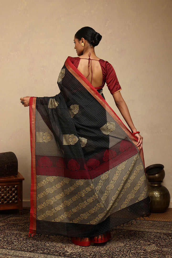 Handloom Black Kanchi Cotton Saree | Shobitam