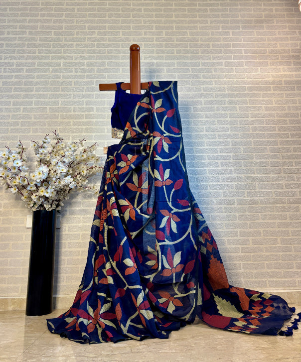 Not A Blank Canvas - Blue Handloom Print Cotton Saree | SHOBITAM