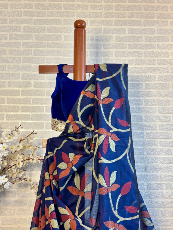 Not A Blank Canvas - Blue Handloom Print Cotton Saree | SHOBITAM