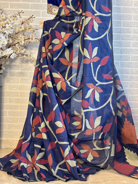 Not A Blank Canvas - Blue Handloom Print Cotton Saree | SHOBITAM