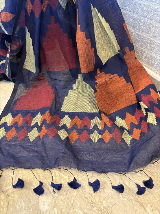 Not A Blank Canvas - Blue Handloom Print Cotton Saree | SHOBITAM