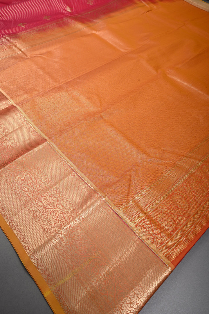Reddish Pink Dual tone Zari Stripes on Kanjivaram Soft Semi Silk Saree with Butterfly Zari Buttas and Contrast Zari Border | SHOBITAM