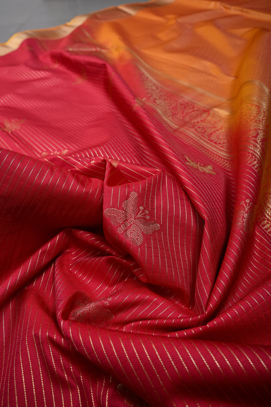 Reddish Pink Dual tone Zari Stripes on Kanjivaram Soft Semi Silk Saree with Butterfly Zari Buttas and Contrast Zari Border | SHOBITAM
