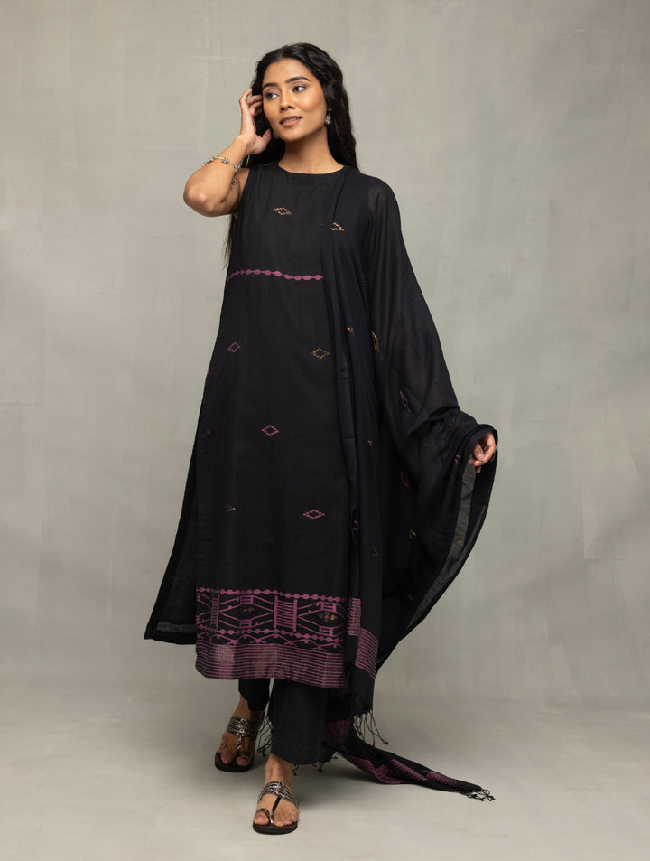Handloom Black Pure Cotton Yantra Zari Jamdani Kurta Set WIth Dupatta | SHOBITAM