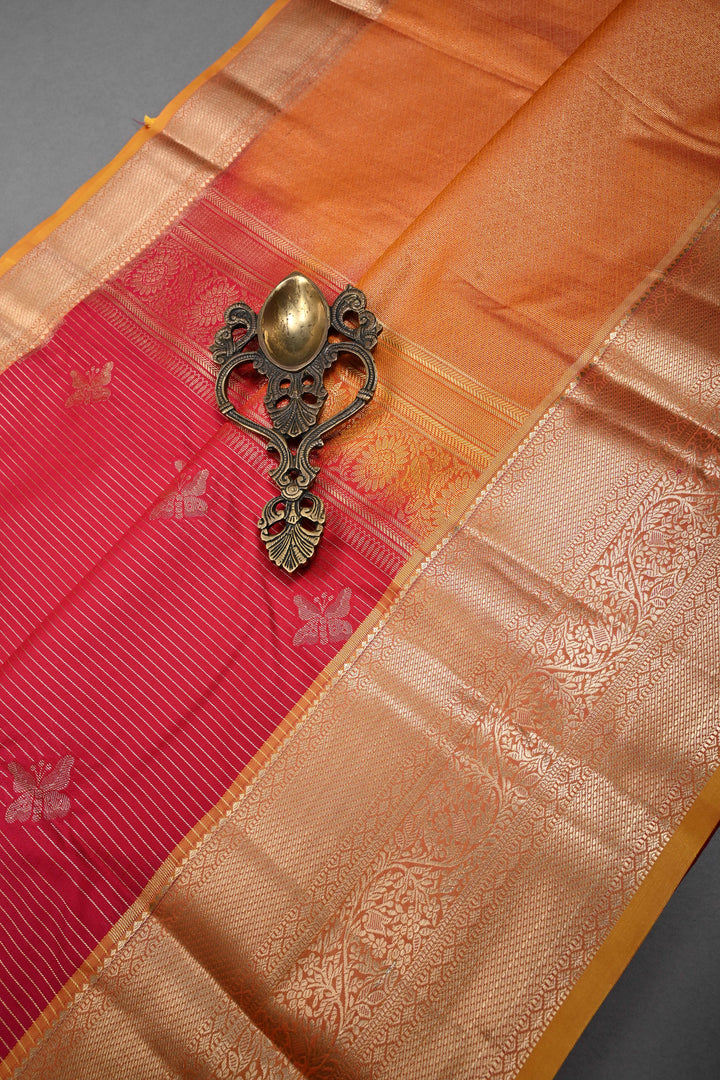 Reddish Pink Dual tone Zari Stripes on Kanjivaram Soft Semi Silk Saree with Butterfly Zari Buttas and Contrast Zari Border | SHOBITAM