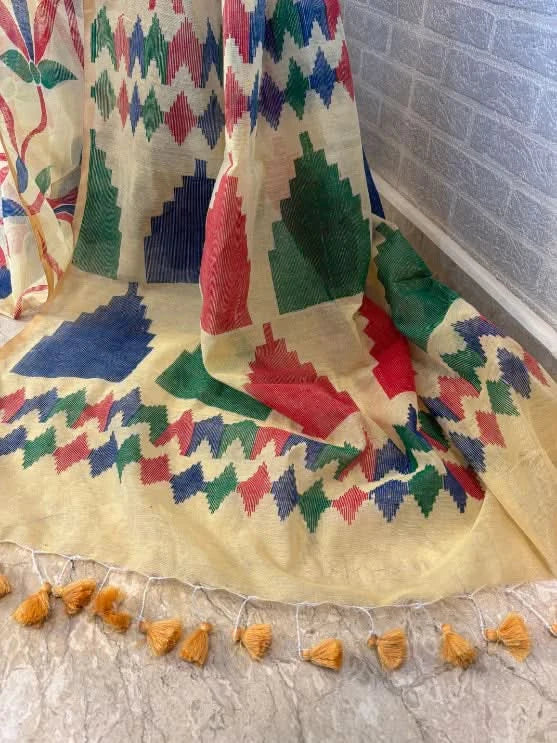 Yellow Uppada Handloom Cotton Saree with Jamdani Style Screen Print and long Tassels | SHOBITAM