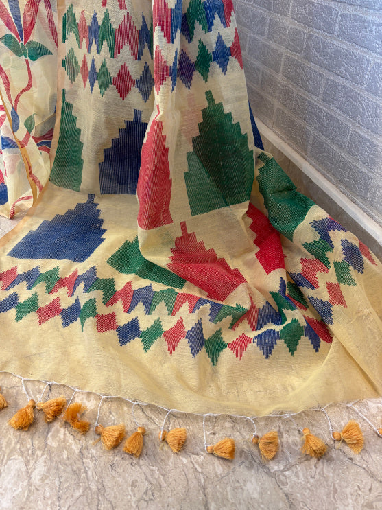 Not A Blank Canvas - Creamy Yellow Handloom Print Cotton Saree | SHOBITAM
