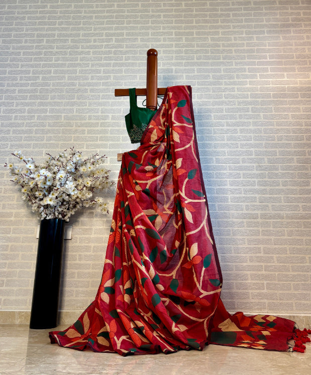 Not A Blank Canvas - Red Handloom Print Cotton Saree | SHOBITAM