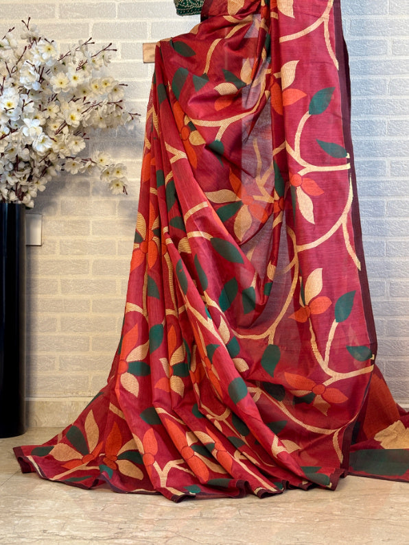 Not A Blank Canvas - Red Handloom Print Cotton Saree | SHOBITAM