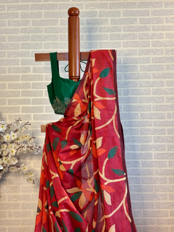 Not A Blank Canvas - Red Handloom Print Cotton Saree | SHOBITAM
