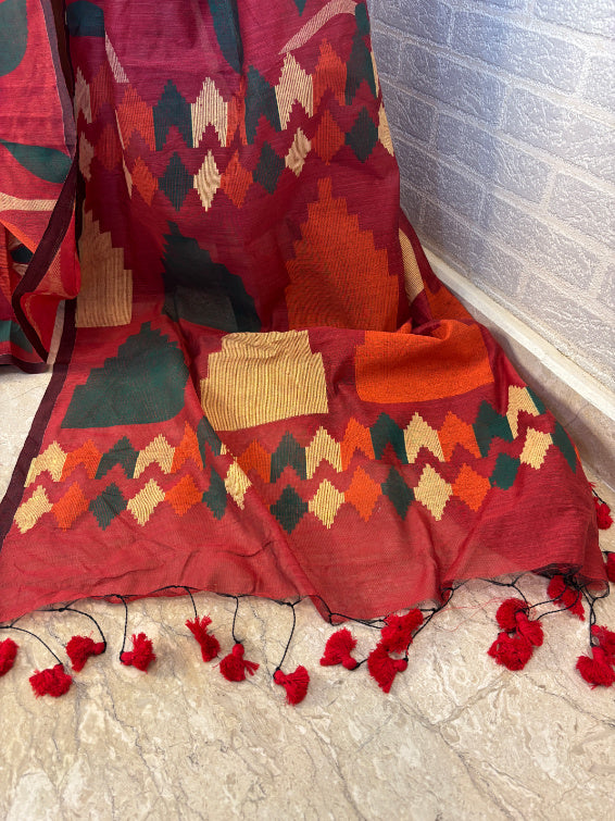 Not A Blank Canvas - Red Handloom Print Cotton Saree | SHOBITAM