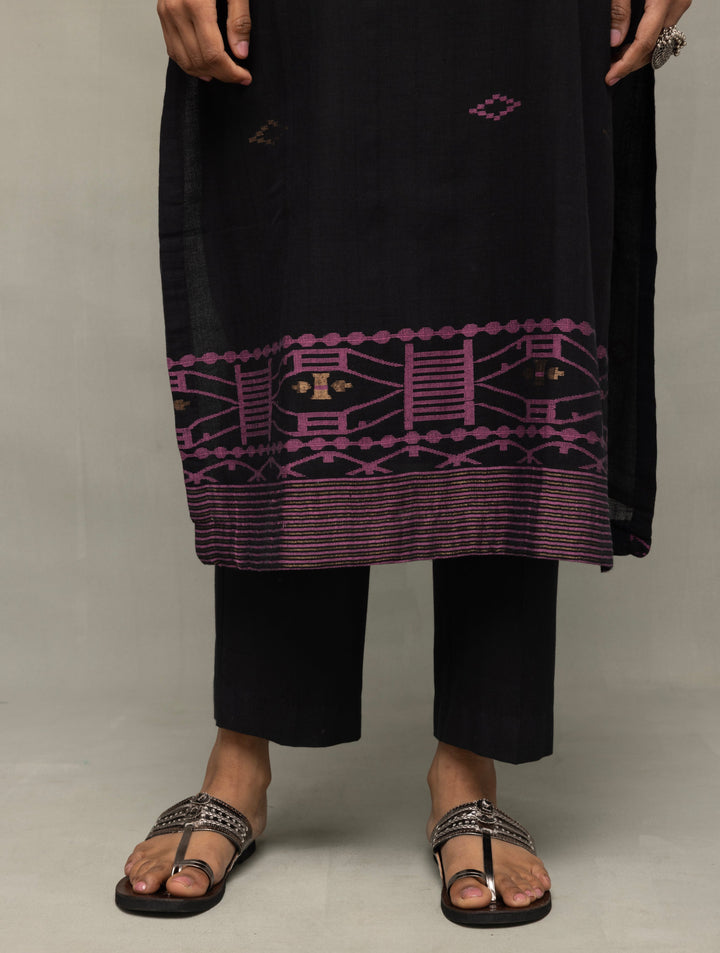 Handloom Black Pure Cotton Yantra Zari Jamdani Kurta Set WIth Dupatta | SHOBITAM