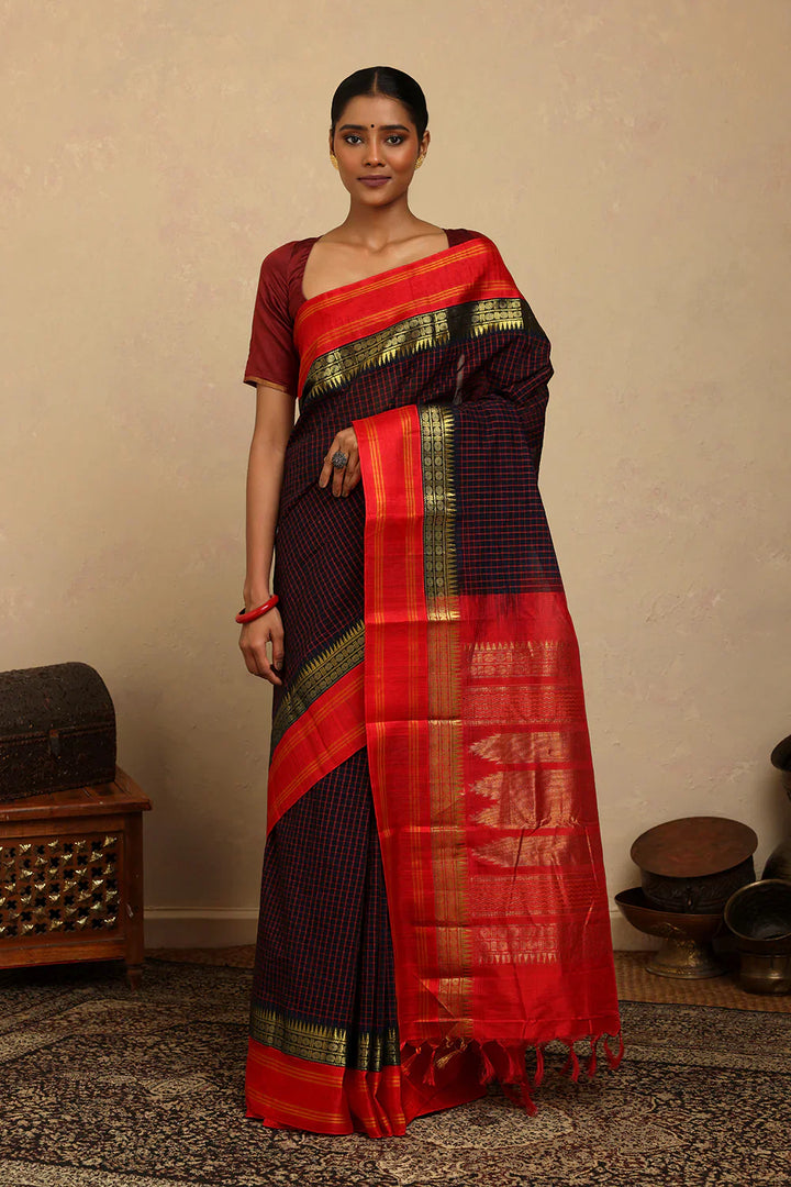 Handloom Navy Blue Check Kanchi Cotton Saree With Red Silk Pallu | SHOBITAM