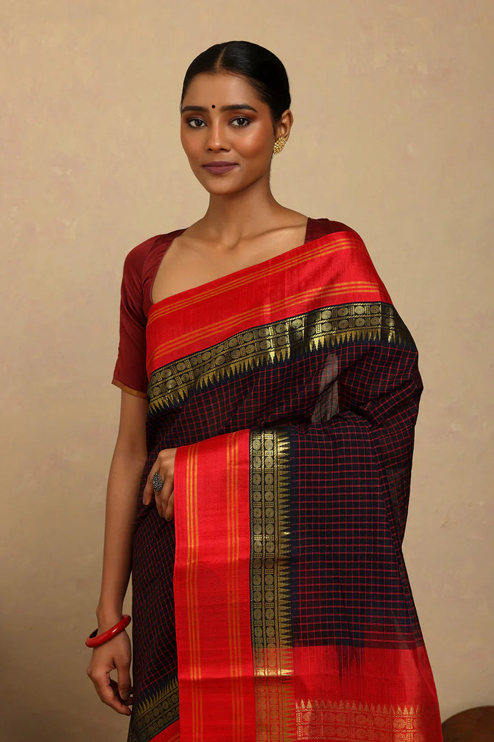 Handloom Navy Blue Check Kanchi Cotton Saree With Red Silk Pallu | SHOBITAM