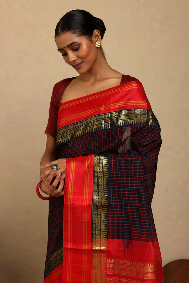Handloom Navy Blue Check Kanchi Cotton Saree With Red Silk Pallu | SHOBITAM