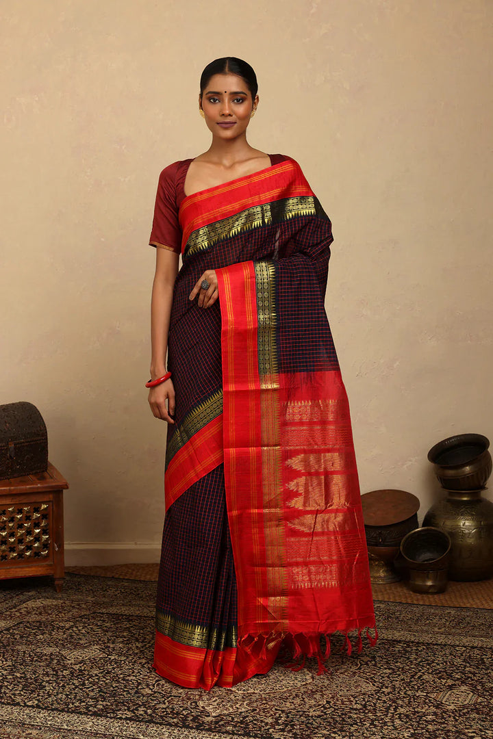 Handloom Navy Blue Check Kanchi Cotton Saree With Red Silk Pallu | SHOBITAM