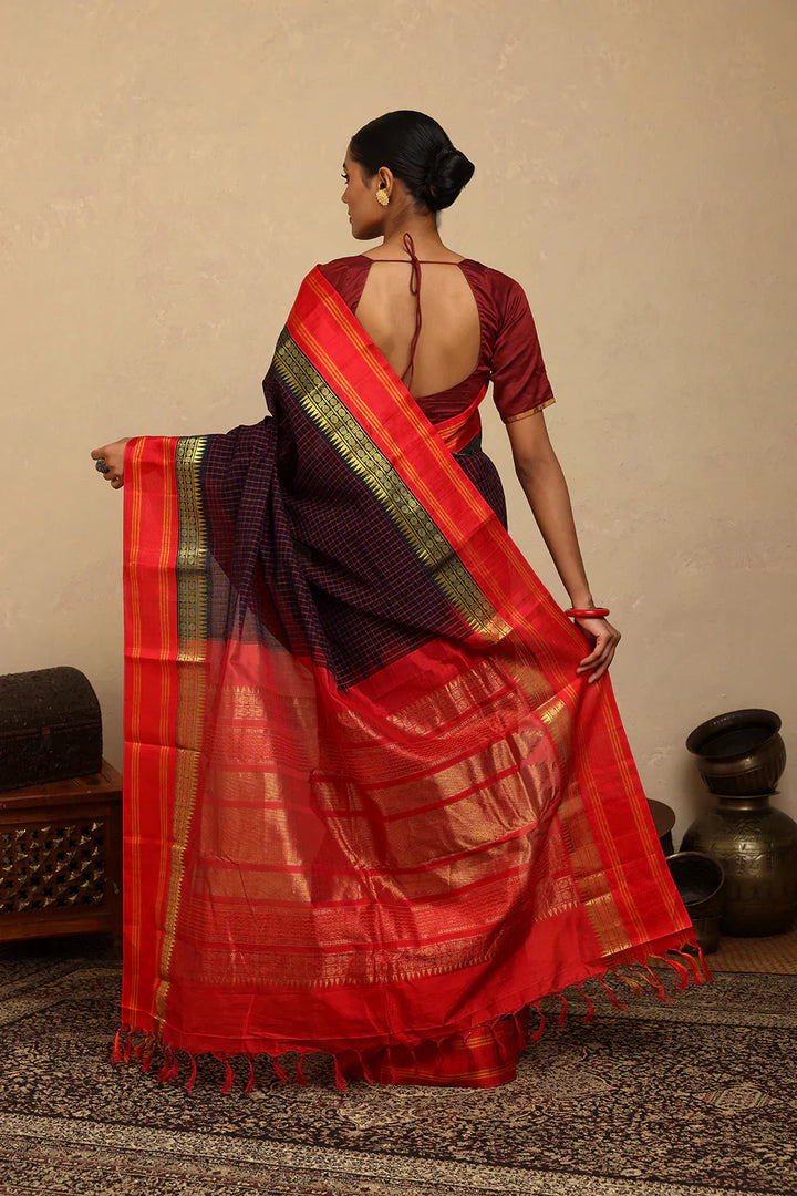 Handloom Navy Blue Check Kanchi Cotton Saree With Red Silk Pallu | SHOBITAM