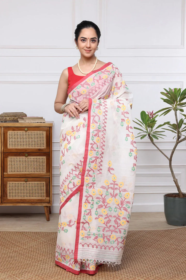 Handloom Traditional White & Red Pure Cotton Jamdani Saree | SHOBITAM
