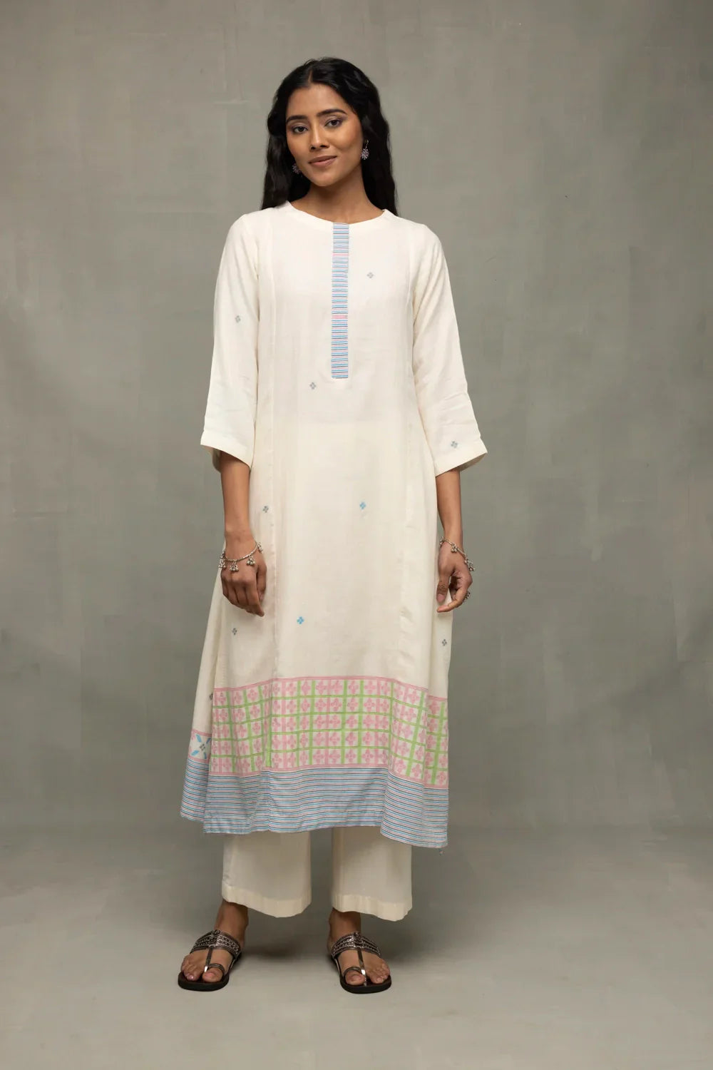 Ivory White Geometric Jamdani Kurta Set With Stripes Dupatta | SHOBITAM
