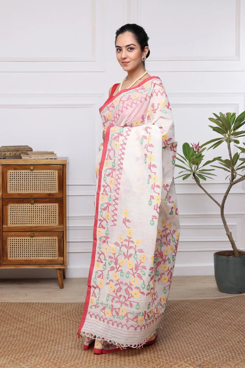 Handloom Traditional White & Red Pure Cotton Jamdani Saree | SHOBITAM