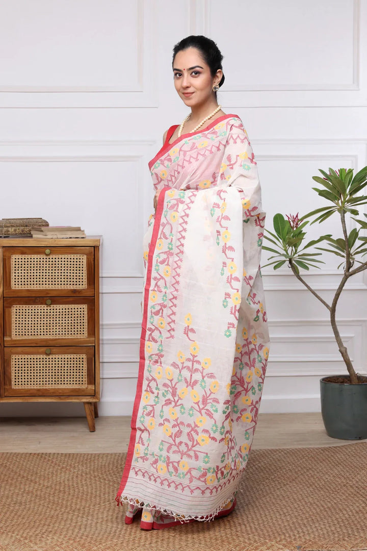 Handloom Traditional White & Red Pure Cotton Jamdani Saree | SHOBITAM
