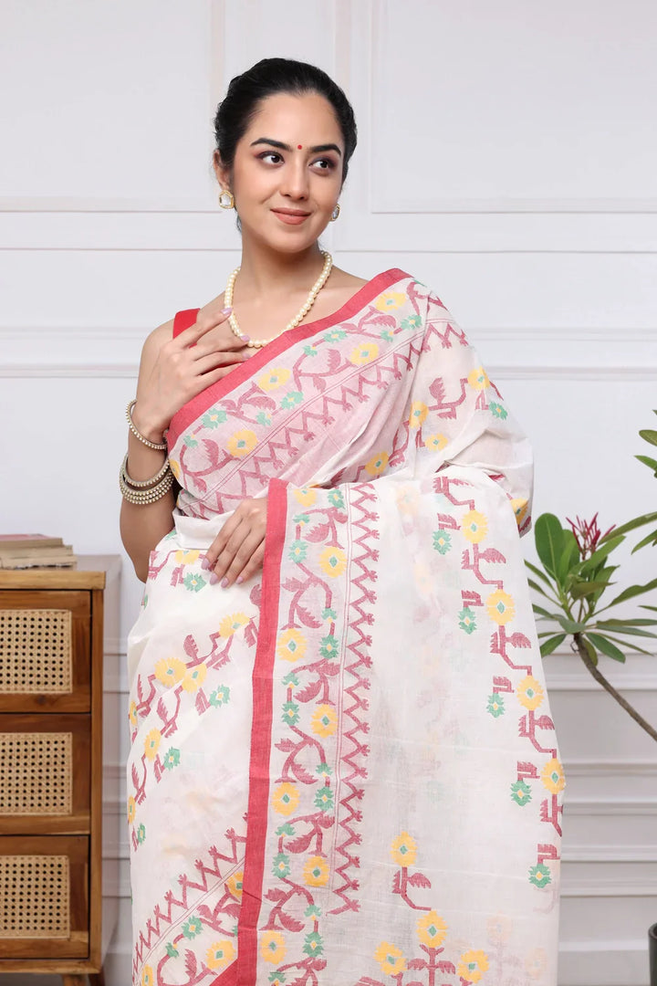 Handloom Traditional White & Red Pure Cotton Jamdani Saree | SHOBITAM
