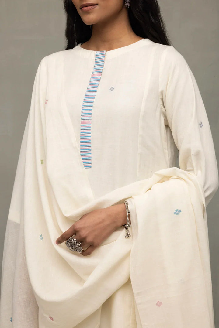 Ivory White Geometric Jamdani Kurta Set With Stripes Dupatta | SHOBITAM