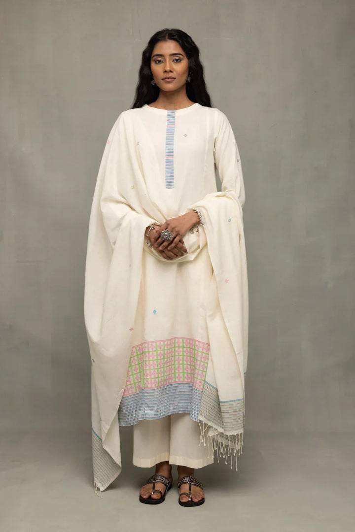 Ivory White Geometric Jamdani Kurta Set With Stripes Dupatta | SHOBITAM