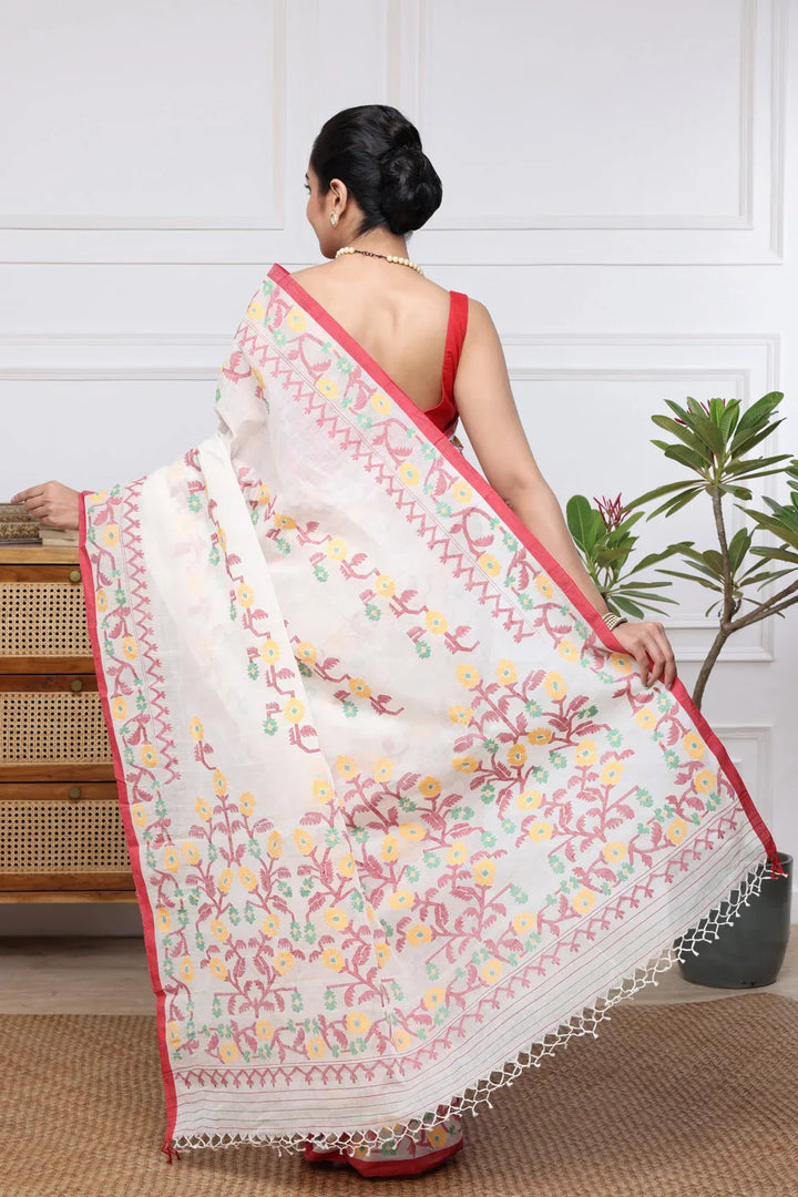 Handloom Traditional White & Red Pure Cotton Jamdani Saree | SHOBITAM