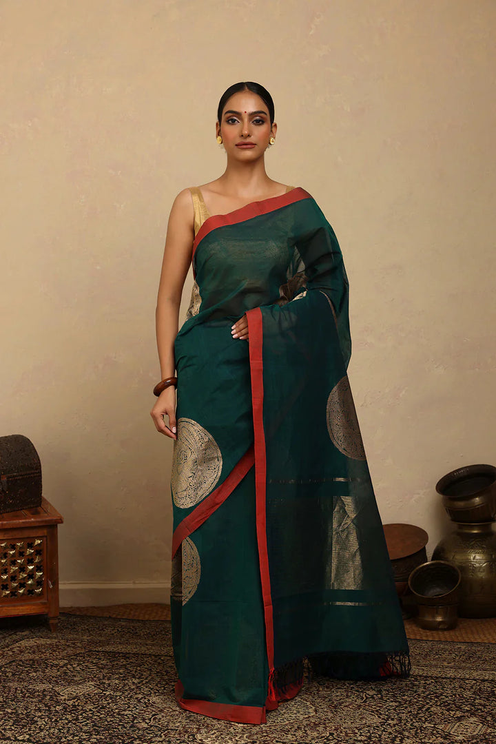 Handloom Dark Green Coin Motifs Kanchi Cotton Saree | SHOBITAM