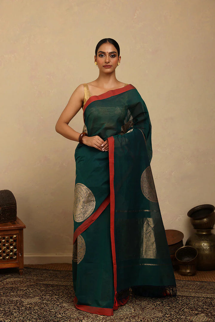 Handloom Dark Green Coin Motifs Kanchi Cotton Saree | SHOBITAM