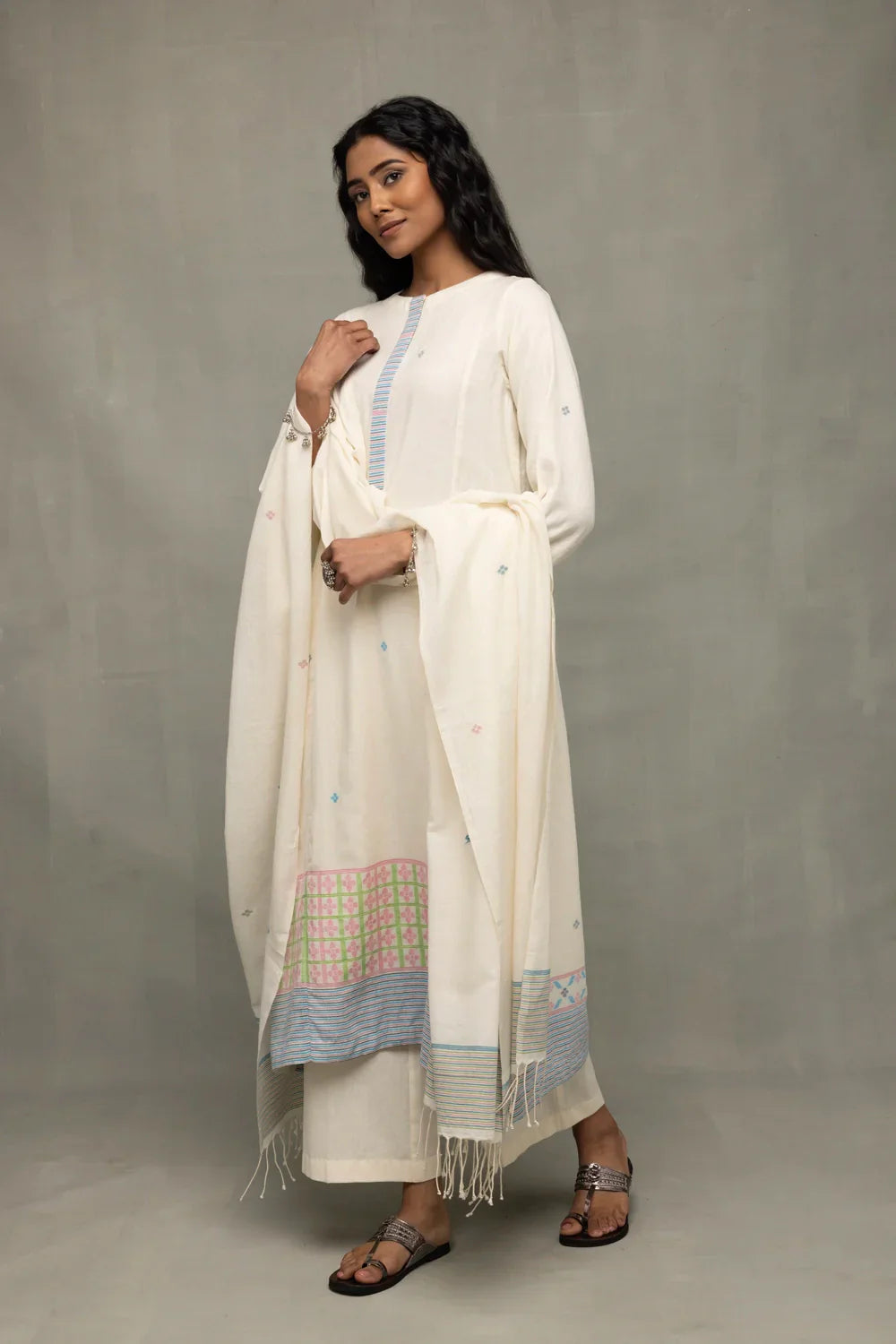 Ivory White Geometric Jamdani Kurta Set With Stripes Dupatta | SHOBITAM