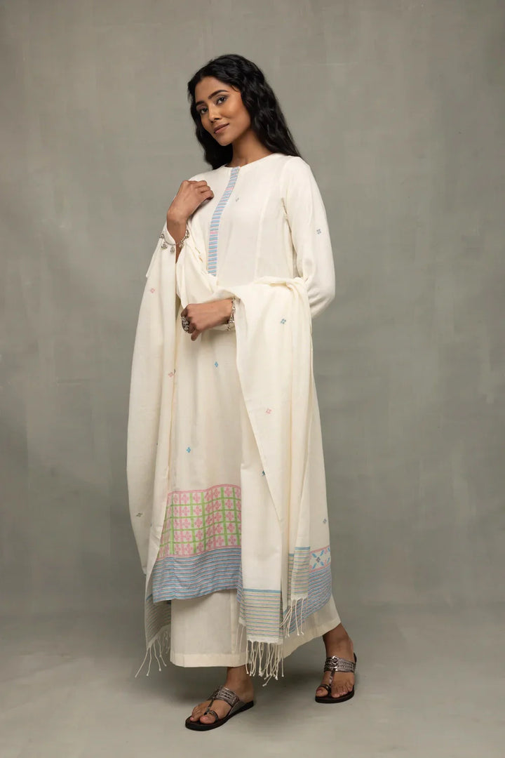 Ivory White Geometric Jamdani Kurta Set With Stripes Dupatta | SHOBITAM