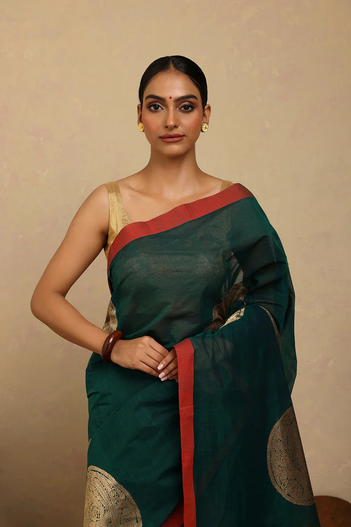 Handloom Dark Green Coin Motifs Kanchi Cotton Saree | SHOBITAM
