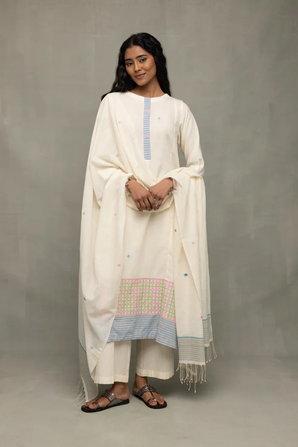 Ivory White Geometric Jamdani Kurta Set With Stripes Dupatta | SHOBITAM