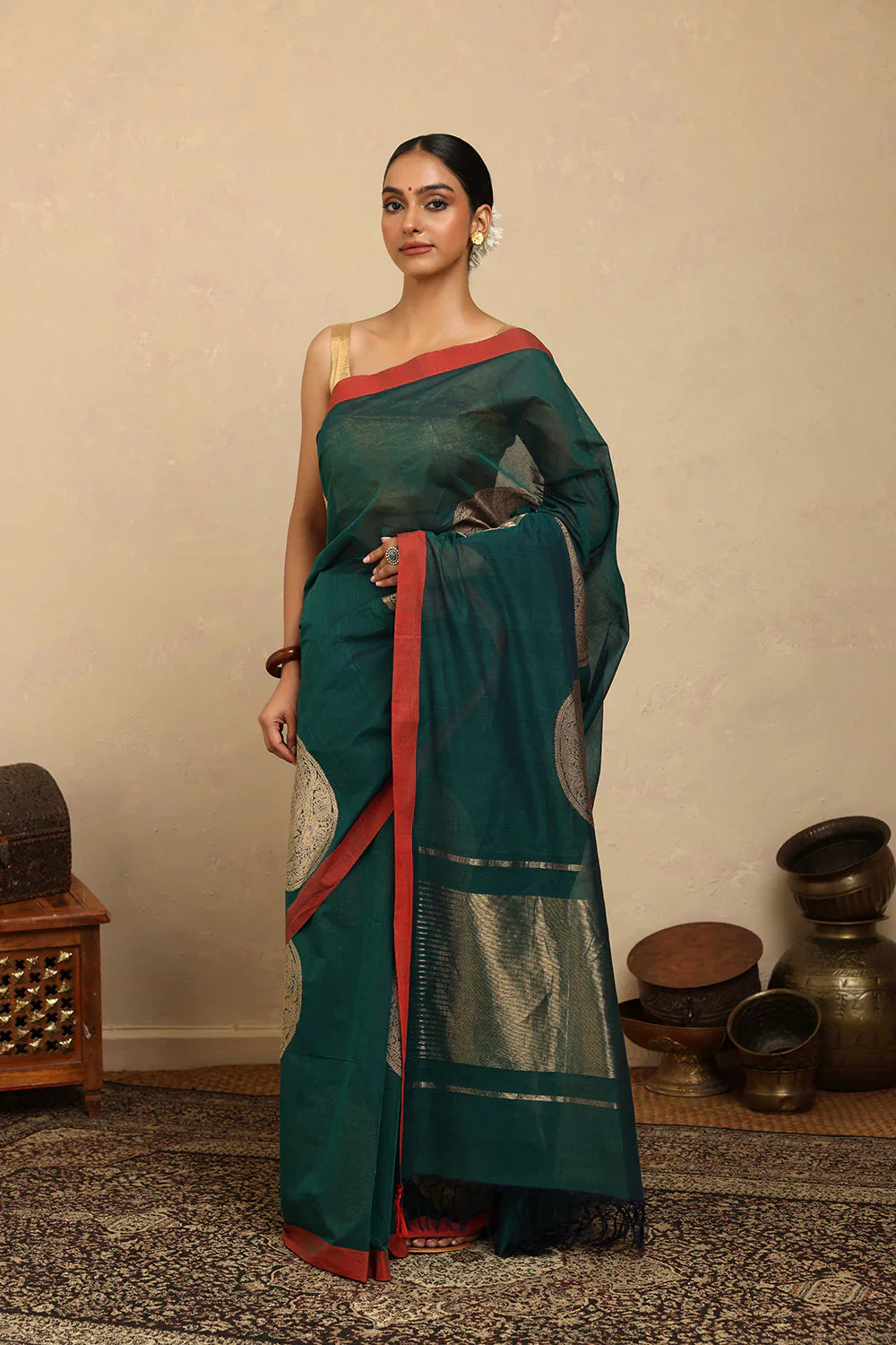 Handloom Dark Green Coin Motifs Kanchi Cotton Saree | SHOBITAM